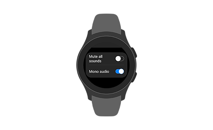 Mono Audio Galaxy Watch face showing Hearing Enhancements settings page with Mono audio enabled.