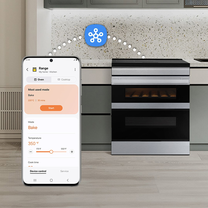 Preheat and plan meals on the go Samsung Stainless Steel Slide-In Dual Fuel Range with SmartThings