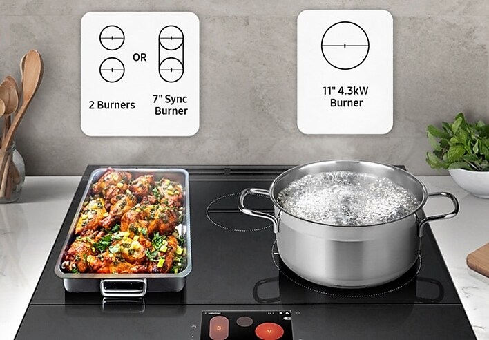 Powerful heat, flexible cooktop Pot of Boiling Water and a Long Roasting Pan on an Induction Stove Showing Active Burners