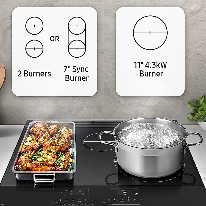 Powerful heat, flexible cooktop Samsung White Glass Slide-In Induction Range with 4.3kW ooktop and 7” Sync Burner