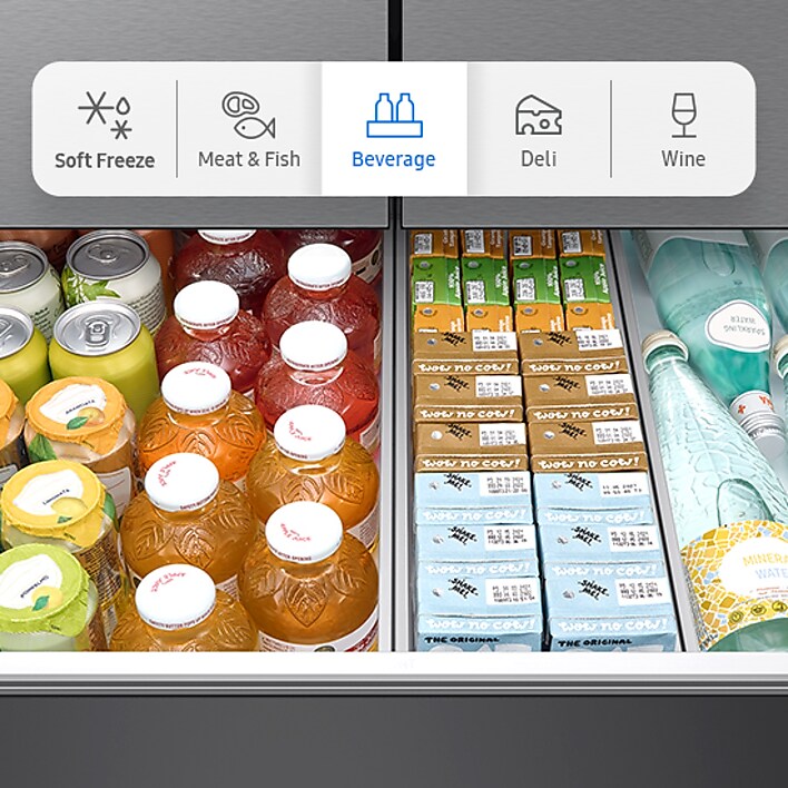 FlexZone Drawer showing temperature control settings for foods and drinks FlexZone Drawer showing temperature control settings for foods and drinks