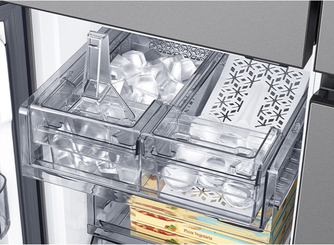 Chill your drinks faster 4-door fridge ice maker showing ice maker with cubed ice and whisky ball ice