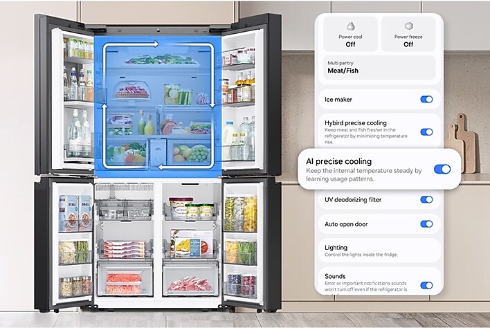 French Door Refrigerator with top doors open showing AI Hybrid Cooling feature French Door Refrigerator with top doors open showing AI Hybrid Cooling feature