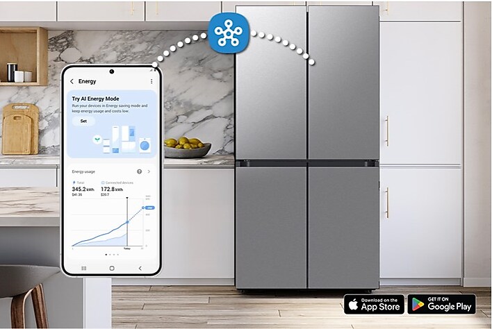 Smartphone connected to AI fridge via SmartThings and showing energy efficiency Smartphone connected to AI fridge via SmartThings and showing energy efficiency
