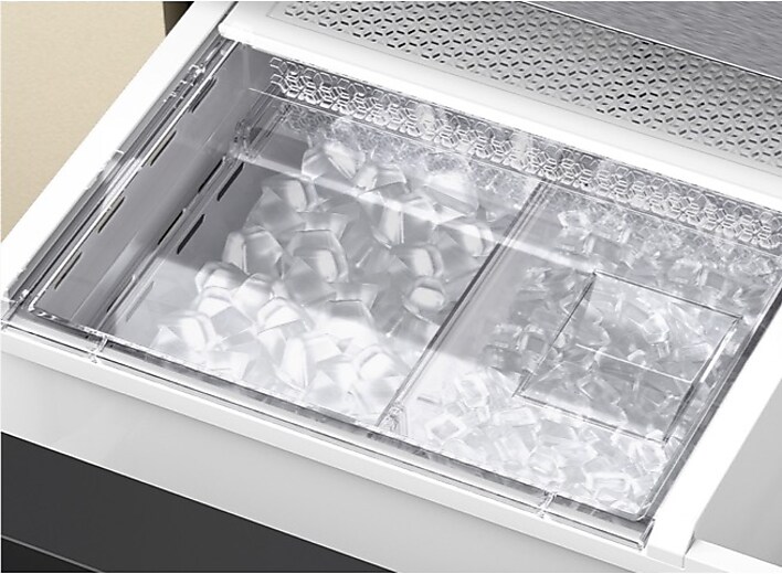 French door fridge ice maker showing cubed ice and Ice Bites French door fridge ice maker showing cubed ice and Ice Bites
