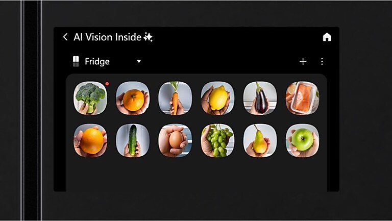 Close up view of AI Home fridge touchscreen displaying groceries in the fridge