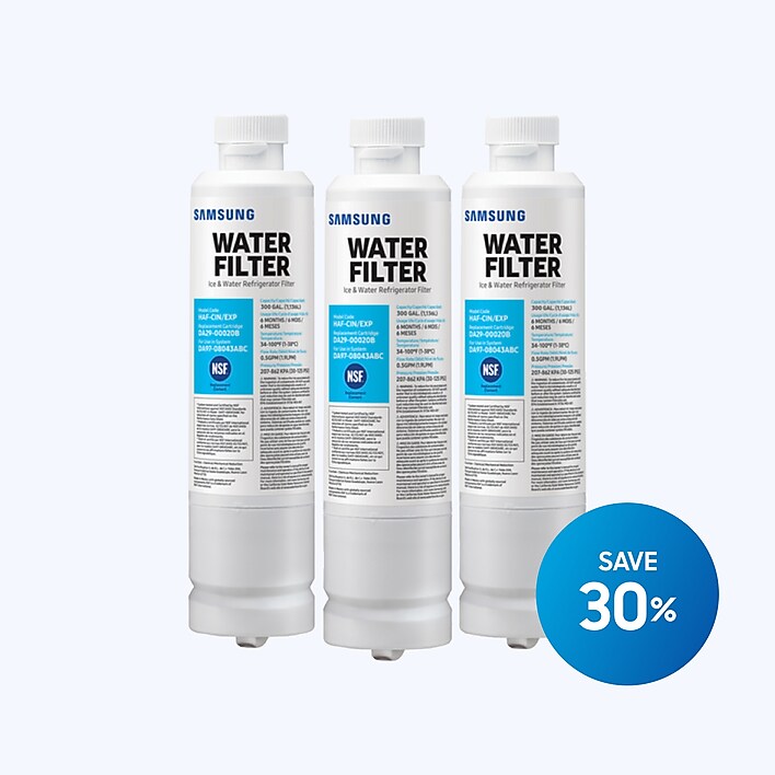 Subscribe and save Three Samsung refrigerator water filters with Save 30% sticker for subscriptions