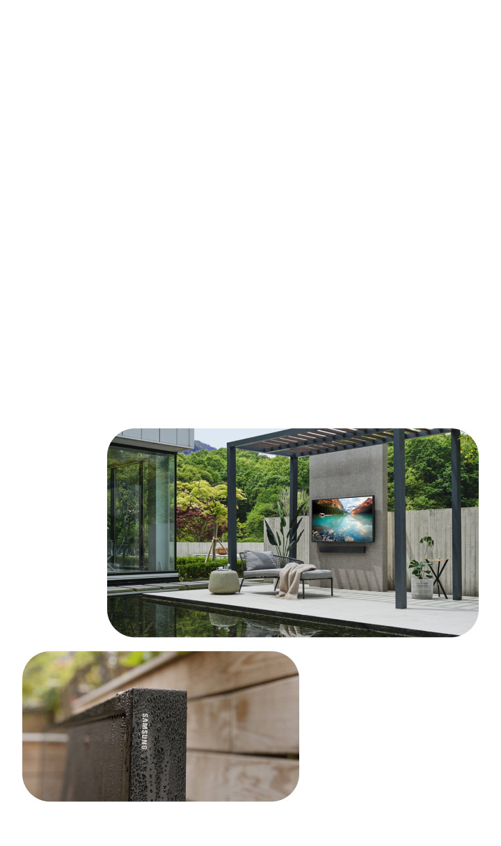 A TV and soundbar are mounted outside on a patio next to a pool.