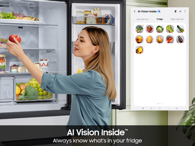 Thumbnail image of Bespoke 29 cu. ft. 4-Door French Door Refrigerator with AI Family Hub™+ & AI Vision Inside™ in Charcoal Glass and Stainless Steel