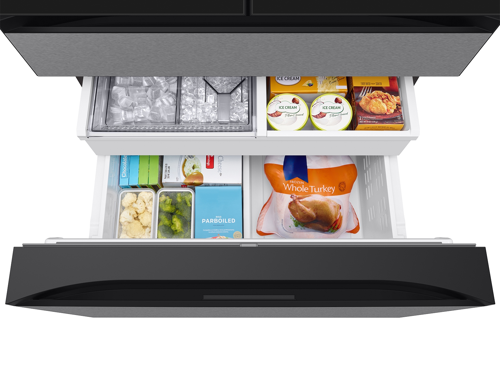 Thumbnail image of Bespoke 29 cu. ft. 4-Door French Door Refrigerator with AI Family Hub™+ & AI Vision Inside™ in Charcoal Glass and Stainless Steel
