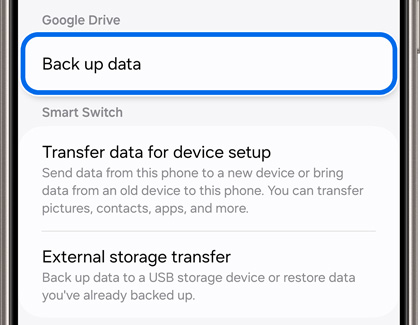 Google Drive Back up data menu being selected in Settings on a Galaxy phone.