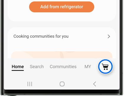 Shopping Cart icon highlighted in Smart Things Cooking screen on Galaxy S23