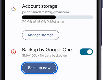 Google Drive back up data screen on a Galaxy phone that displays the account storage detail and associated email account along with options to Manage storage and to back up data 